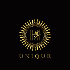 Golden Circle Deco H Luxury Floral Letter Logo Design. Monogram unique emblem ornate nature floral leaf with initial letter logo