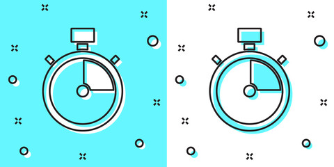 Naklejka premium Black line Stopwatch icon isolated on green and white background. Time timer sign. Chronometer sign. Random dynamic shapes. Vector.