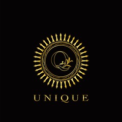 Golden Circle Deco Q Luxury Floral Letter Logo Design. Monogram unique emblem ornate nature floral leaf with initial letter logo