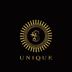 Golden Circle Deco S Luxury Floral Letter Logo Design. Monogram unique emblem ornate nature floral leaf with initial letter logo