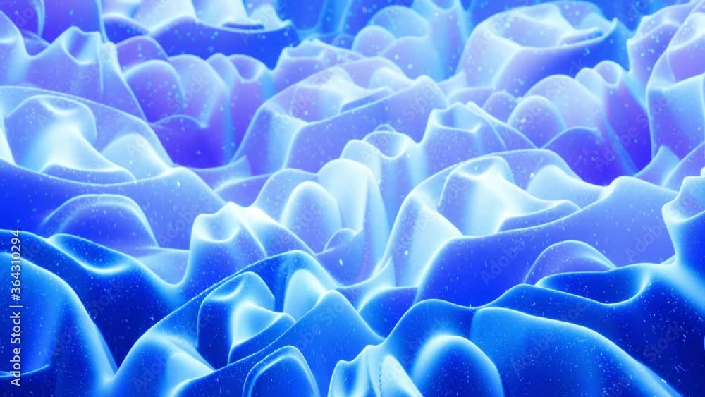 Poster abstract waves of soft blue matte material with light inner glow and glitters on morphing surface. a