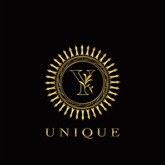 Golden Circle Deco Y Luxury Floral Letter Logo Design. Monogram unique emblem ornate nature floral leaf with initial letter logo