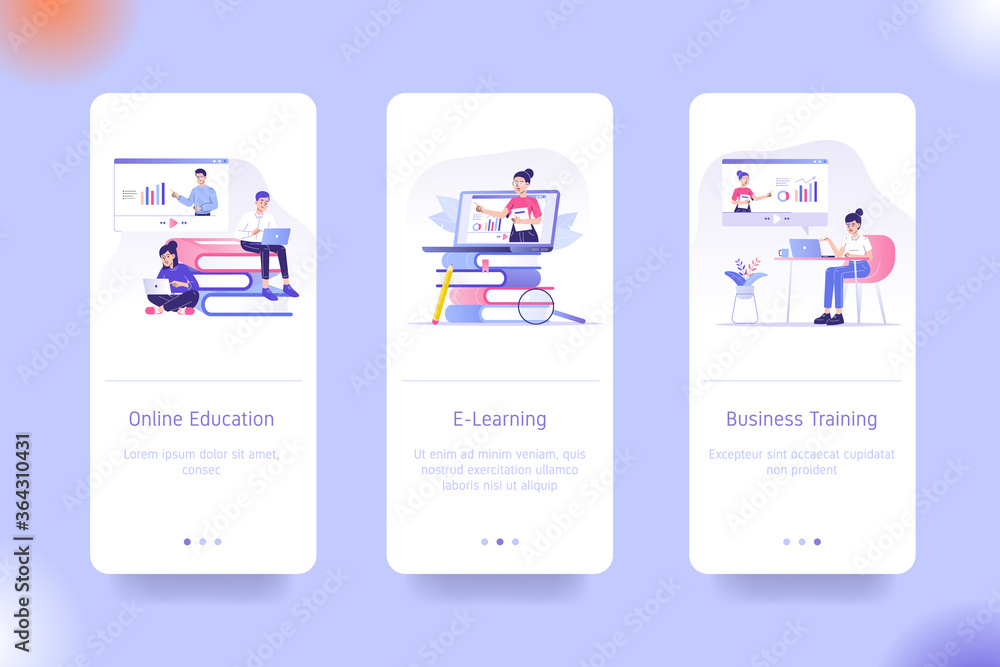 Poster mobile application design template set for online education, e- learning and business training. ui o