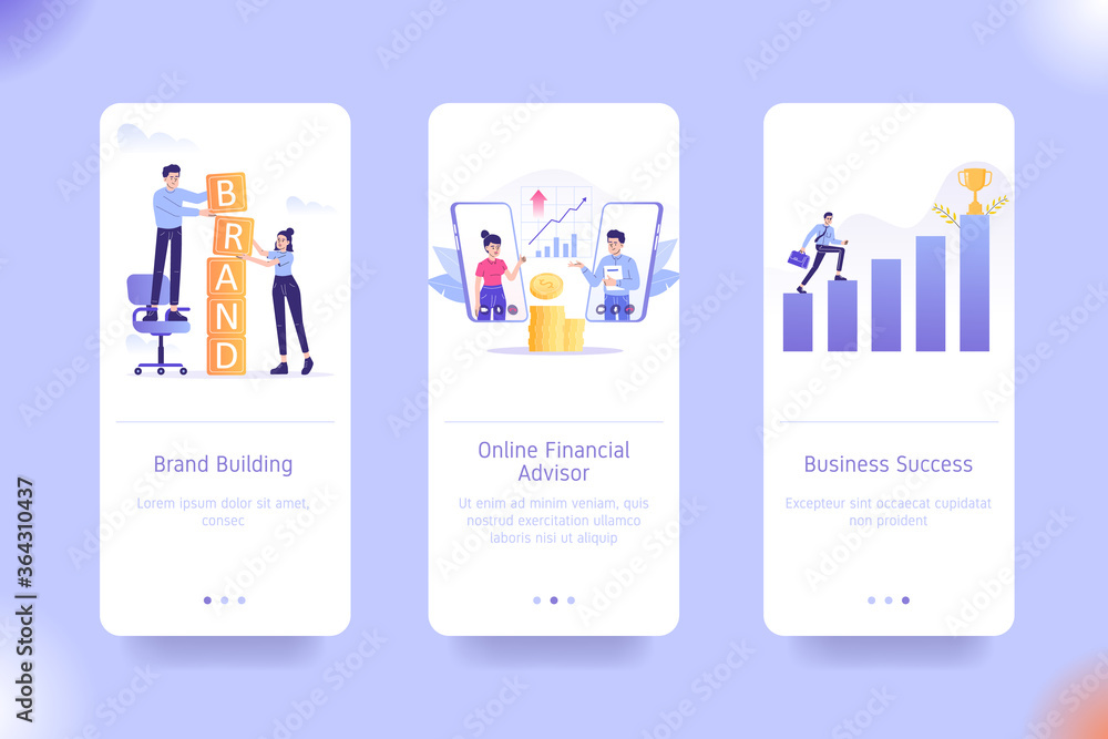 Poster mobile application design template set for brand building, online financial advisor and business suc