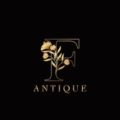 Golden Letter F Luxury Flowers Initial Logo Template Design. Monogram antique ornate nature floral leaf with initial letter logo
