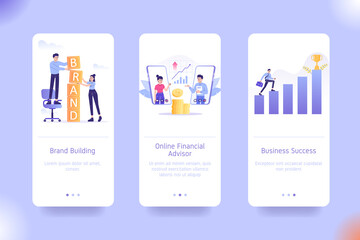 Mobile application design template set for Brand Building, Online Financial Advisor and Business Success. UI on boarding screens design concept. Modern vector illustrations for user interface