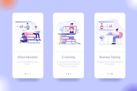 Mobile application design template set for Online Education, E- Learning and Business Training. UI on boarding screens design concept. Modern vector illustrations for user interface