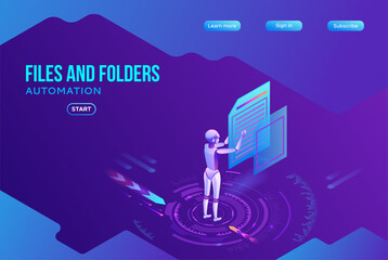 Data analysis, files and folders, robotic arm analyzes documents, kpi analytics, digital technology in finance, big research isometric illustration, 3d isometric background, website template