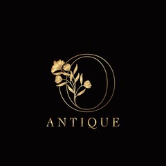 Fototapeta premium Golden Letter O Luxury Flowers Initial Logo Template Design. Monogram antique ornate nature floral leaf with initial letter logo