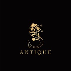 Golden Letter S Luxury Flowers Initial Logo Template Design. Monogram antique ornate nature floral leaf with initial letter logo