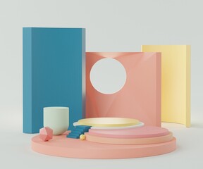 3d geometric forms. Empty podium for mock up. Vacant fashion show stage,pedestal, shopfront with colorful color. Minimal scene for  product display