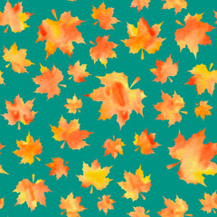 Watercolor orange maple leaves on green background. Seamless pattern. Hand-painted texture. Watercolor stock illustration. Design for backgrounds, wallpapers, textile, covers and packaging.