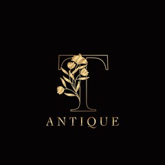 Golden Letter T Luxury Flowers Initial Logo Template Design. Monogram antique ornate nature floral leaf with initial letter logo