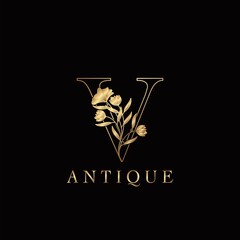 Golden Letter V Luxury Flowers Initial Logo Template Design. Monogram antique ornate nature floral leaf with initial letter logo