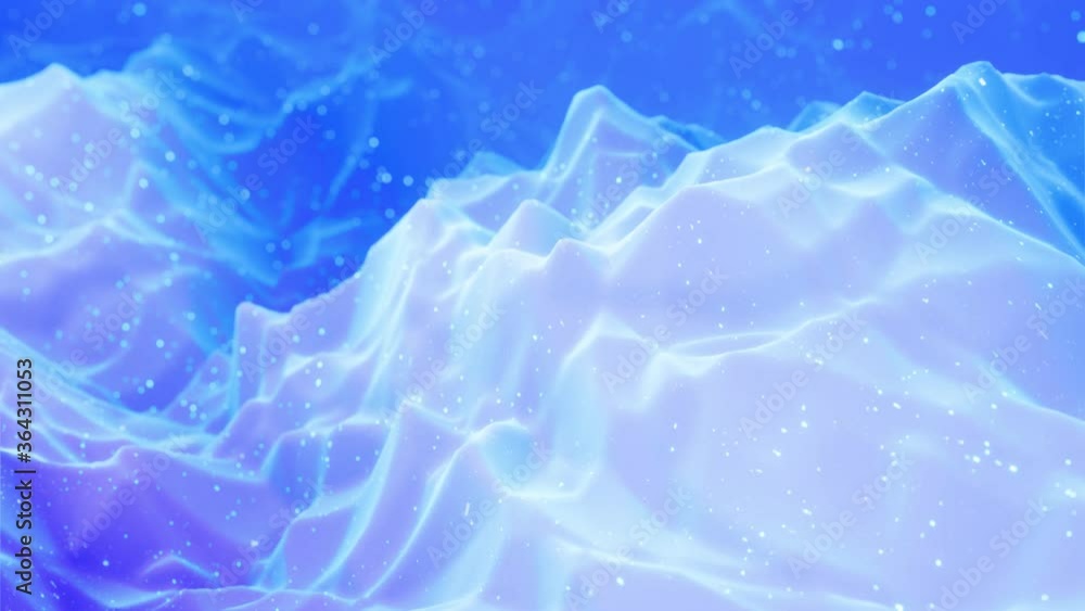 Poster abstract waves of soft blue matte material with light inner glow and glitters on morphing surface. a