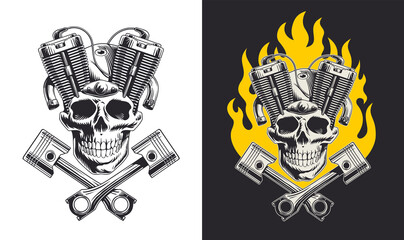 Skull with motorcycle engine and pistons. Vector illustration. Idea for tattoo, poster or biker t shirt.