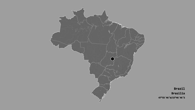 Par&aacute;, state of Brazil, with its capital, localized, outlined and zoomed with informative overlays on a bilevel map in the Stereographic projection. Animation 3D