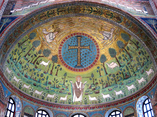 Fototapeta na wymiar The medieval church of Basilica of Sant'Apollinare in Classe, Ravenna, ITALY, a listed UNESCO World Heritage Site. The mosaic decoration of the apse date to the 6th century
