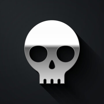 Silver Human skull icon isolated on black background. Long shadow style. Vector.