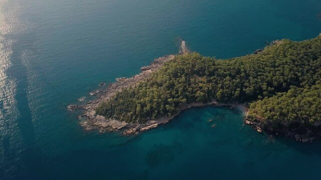 Phaselis paradise bay. Aerial drone top view. 4K Faselis paradise bay drone view