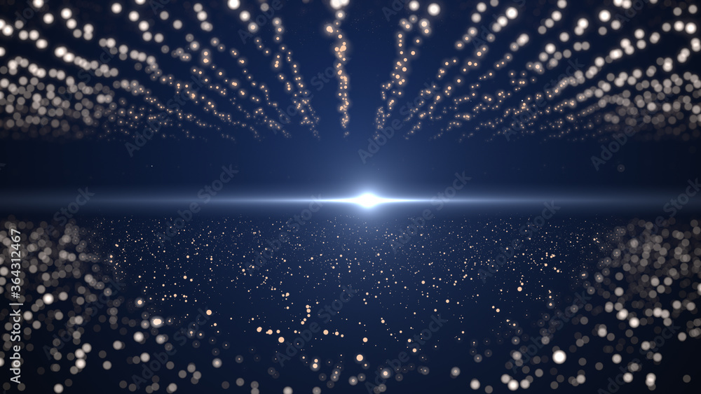 Poster 3d rendering illustration of many golden sparkles and central horizontal flash.