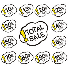 Cloud stickers for sale in pop art style. Cartoon Coupons with percentage discounts. Vector illustration for decoration of a store, showcase, advertising booklets or price tags.