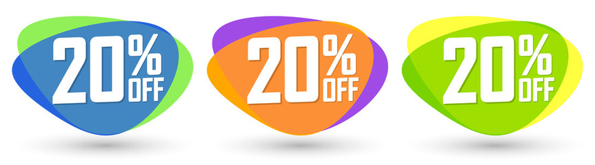 Set Sale 20% off bubble banners, discount tags design template, today offers, vector illustration