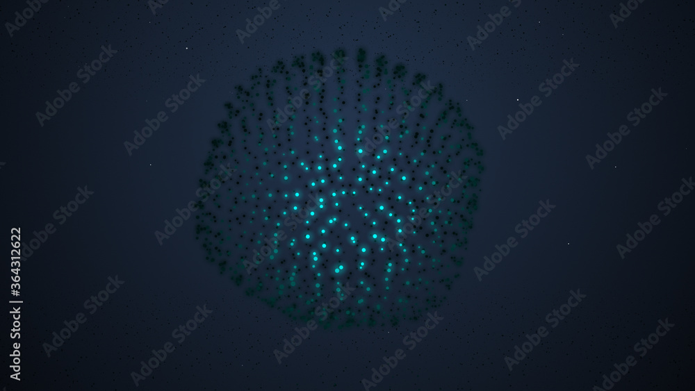 Poster 3d rendering of abstract glowing particles on dark blue background.