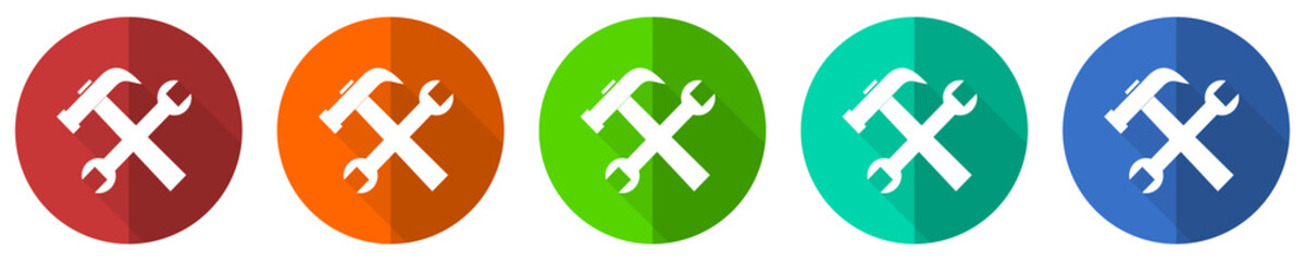 Fototapeta premium Tools icon set, service, red, blue, green and orange flat design web buttons isolated on white background, vector illustration