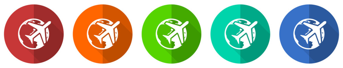 Travel icon set, red, blue, green and orange flat design web buttons isolated on white background, vector illustration