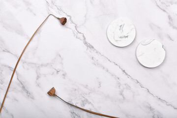 Product display flat lay for mock up presentation, Marble background with luxury lifestyle use for skincare or cosmetics, Prop stand show sale products. © ARTFULLY-79