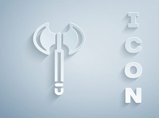 Paper cut Medieval axe icon isolated on grey background. Battle axe, executioner axe. Medieval weapon. Paper art style. Vector.