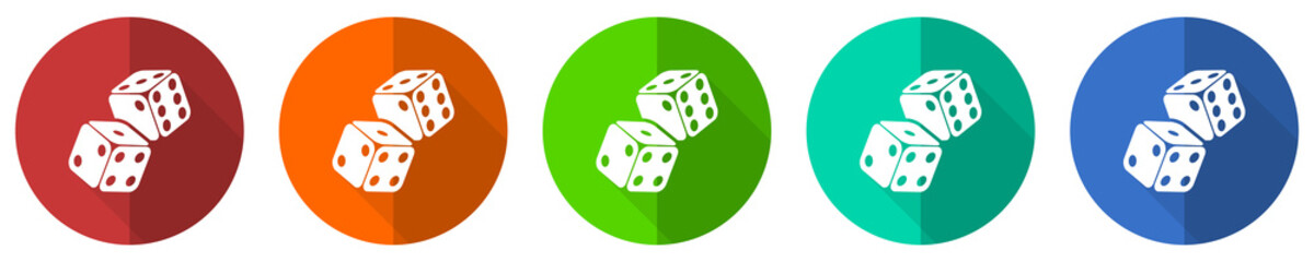 Dice, casino icon set, red, blue, green and orange flat design web buttons isolated on white background, vector illustration