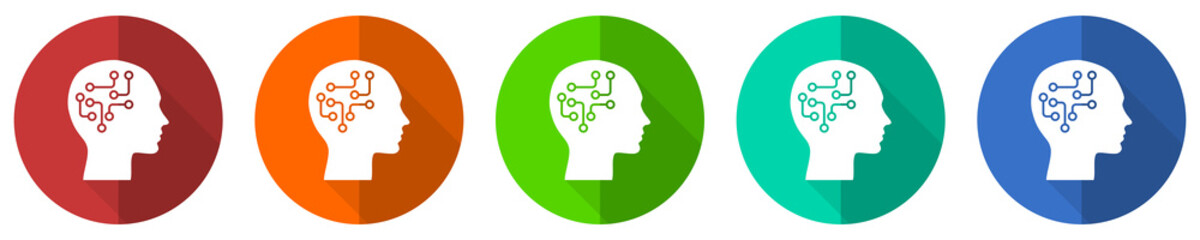 Human head icon set, brain, human, circuit, red, blue, green and orange flat design web buttons isolated on white background, vector illustration