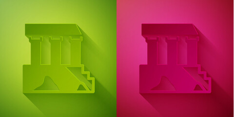 Paper cut Parthenon from Athens, Acropolis, Greece icon isolated on green and pink background. Greek ancient national landmark. Paper art style. Vector.