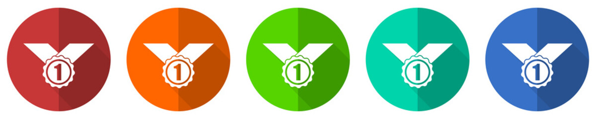 Badge icon set, winner, first, award, red, blue, green and orange flat design web buttons isolated on white background, vector illustration