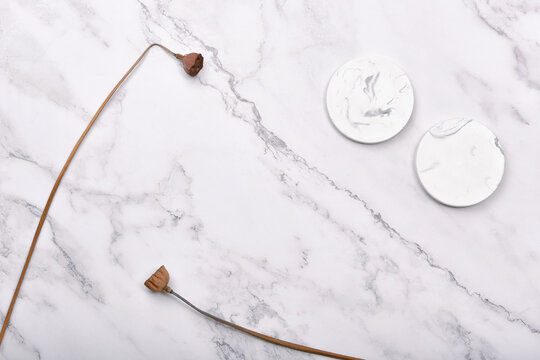 Product display flat lay for mock up presentation, Marble background with luxury lifestyle use for skincare or cosmetics, Prop stand show sale products.