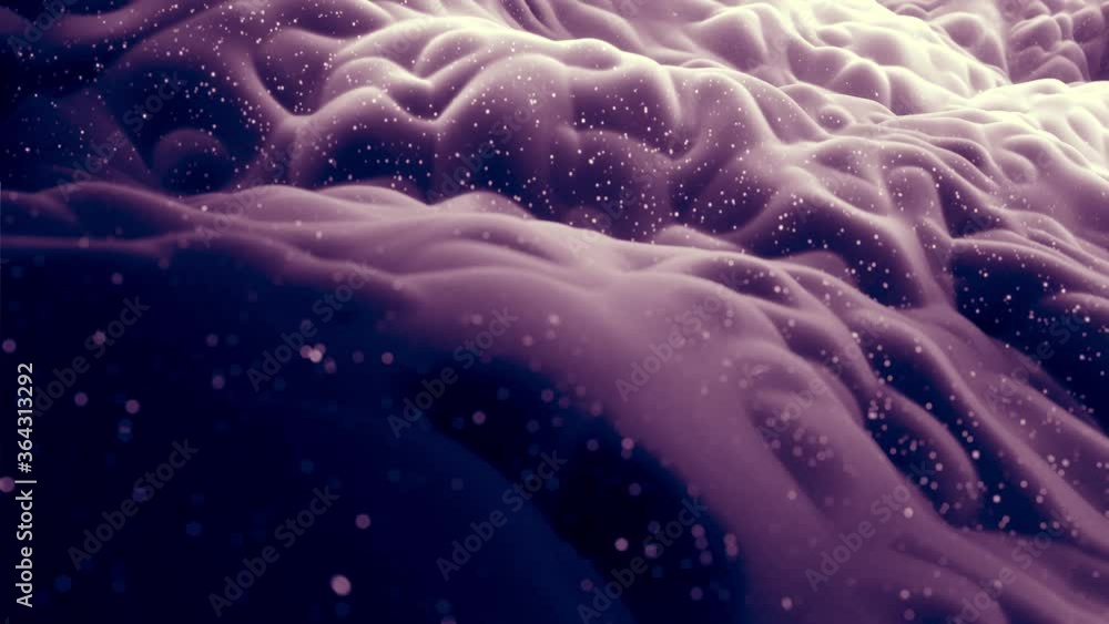 Poster abstract waves of soft black matte material with light inner glow and glitters on morphing surface. 
