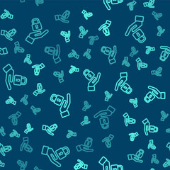 Green line Lock in hand icon isolated seamless pattern on blue background. Padlock sign. Security, safety, protection, privacy concept. Vector.