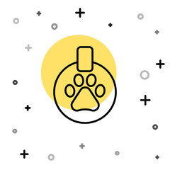 Black line Collar with name tag icon isolated on white background. Supplies for domestic animal. Dog or cat paw print. Cat and dog care. Pet chains. Random dynamic shapes. Vector.