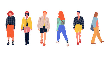 Fototapeta premium Crowd of tiny people wearing stylish clothes. Fashionable men and women at fashion week. Group of male and female cartoon characters dressed in trendy clothing. Flat colorful vector illustration.
