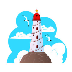 Old white lighthouse against the sky with clouds and seagulls. Sticker. Vector