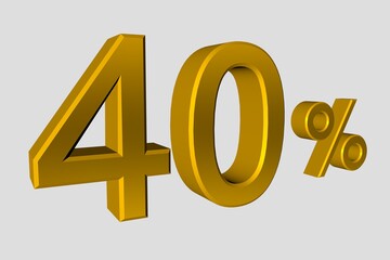 Fototapeta na wymiar The inscription is 40% of realistic 3D numbers in gold metalic color. Illustration of a forty percent discount or sale for advertising poster, banner advertising and more. 3d rendering, isolated