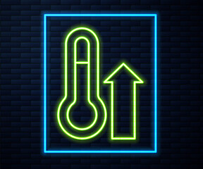 Glowing neon line Meteorology thermometer measuring icon isolated on brick wall background. Thermometer equipment showing hot or cold weather. Vector.