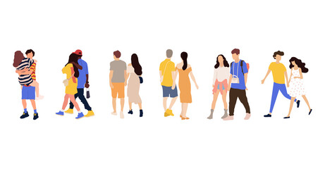 Happy romantic couples walking together.  Flat cartoon characters isolated on white background. Colorful vector illustration.
