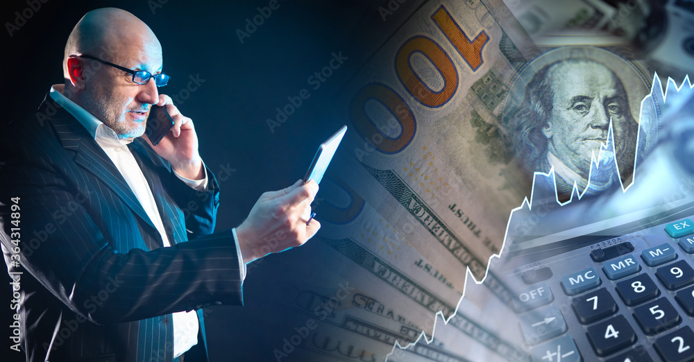 Poster a man makes an exchange bid on the phone. conducting transactions on the exchange. strategies for pl