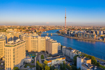 Saint Petersburg. Russia. Panorama of St. Petersburg at dawn. New quarters of St. Petersburg. Urban landscape. Modern urban architecture. Travel to Russian cities.