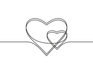 Continuous line drawing of two hearts, Black and white vector minimalist illustration of love concept made of one line