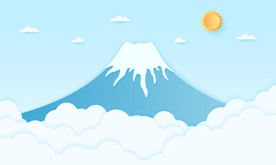 Mountain with bright sun and blue sky, paper art style