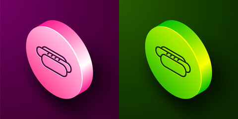 Fototapeta premium Isometric line Hotdog sandwich icon isolated on purple and green background. Sausage icon. Street fast food menu. Circle button. Vector.